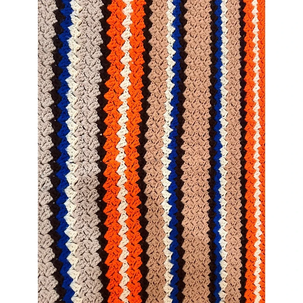 Vintage 70s Crochet Afghan Blanket Throw Orange Blue Tan Stripe Handmade 53x68